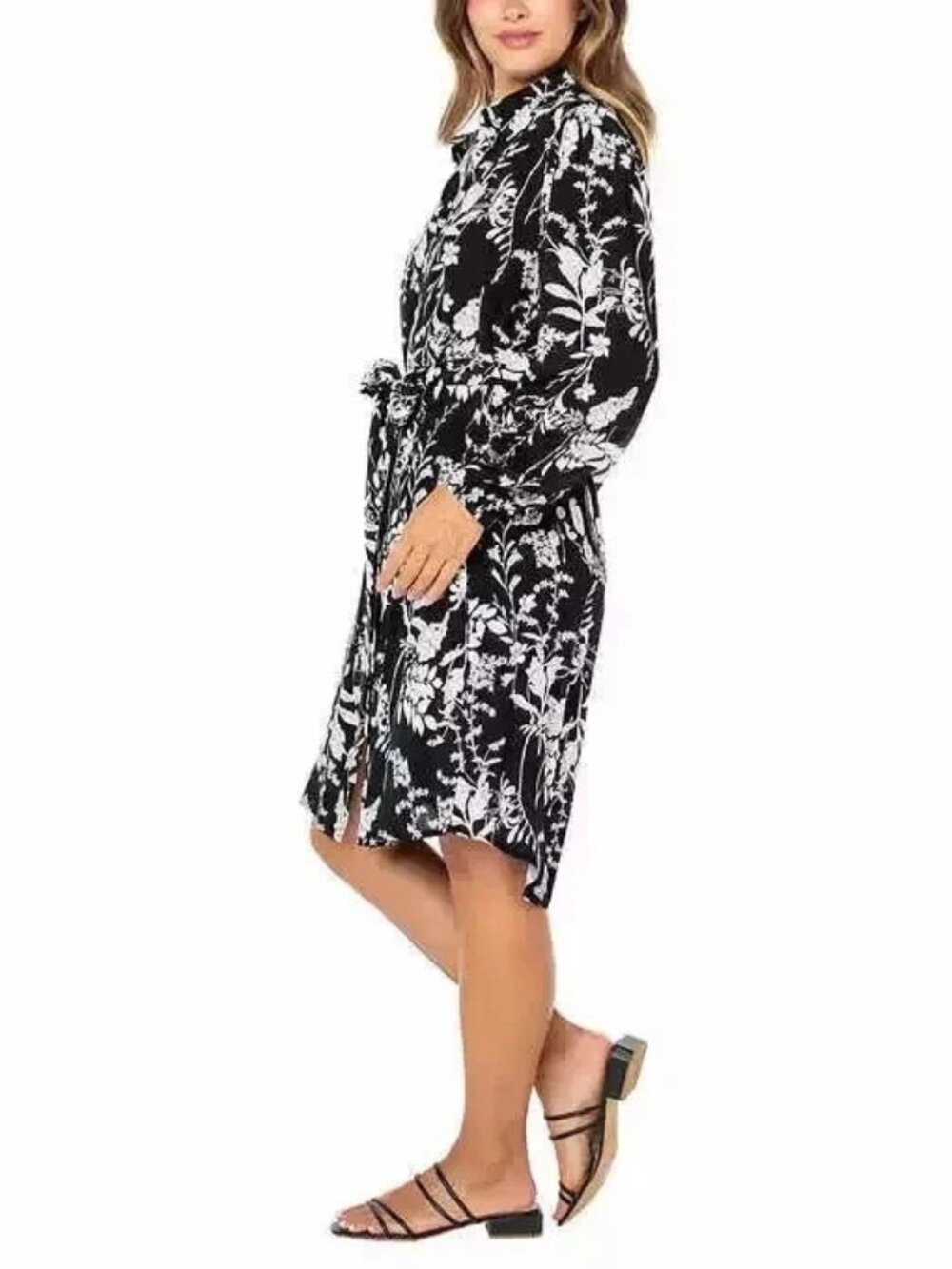Women's Dress, Crepe Tie-Belt Long Sleeve Button, Black Print, Small - Picture 3 of 6